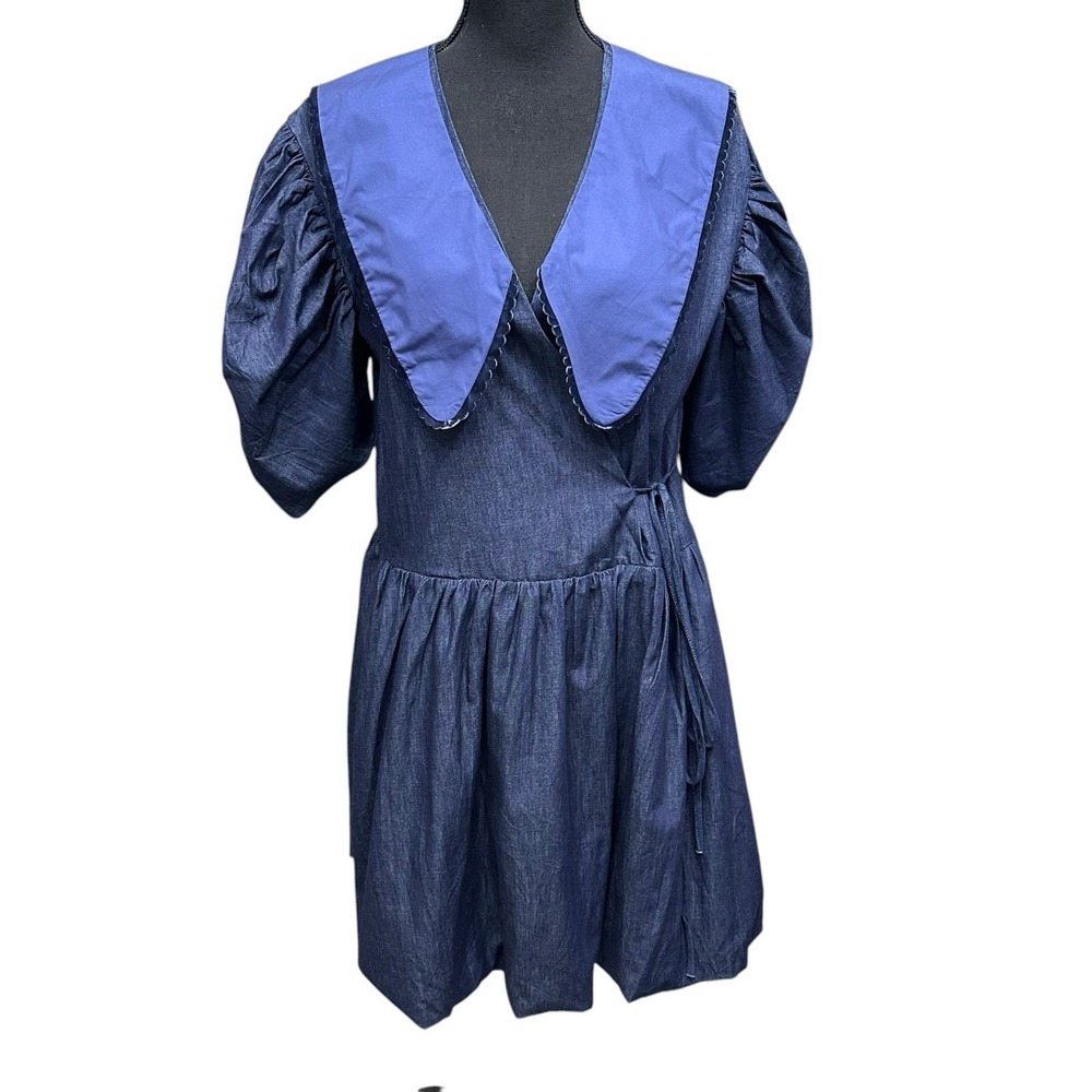 Beulah Style Blue Ruffle Cotton Dress‎ Collared Balloon Sleeve Sz L Cottagecore